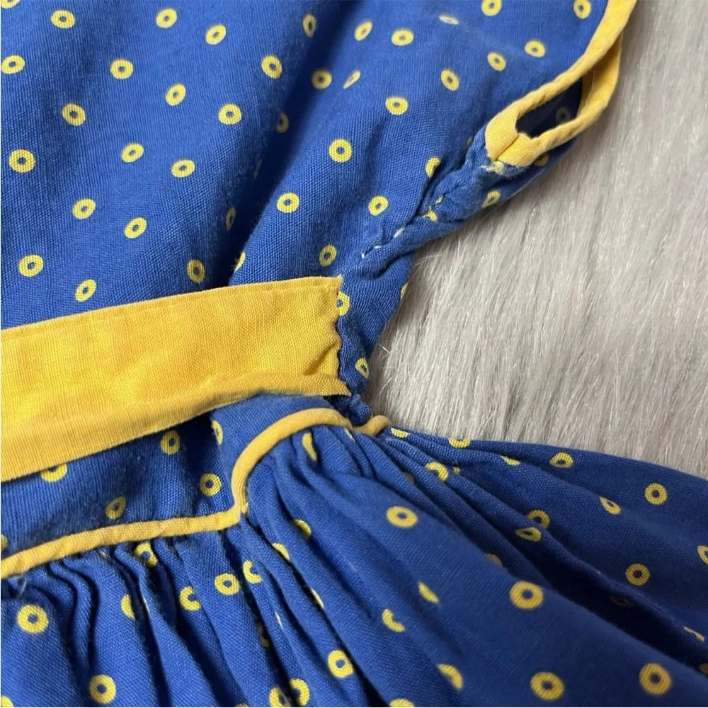 Vintage 1950s Toddler Girls Blue Yellow Tie Back Dot Dress